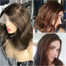 Brown Highlights Brunette Color Wave Bob b4/8 Human Hair 13x6 Lace Front Wig-bb48