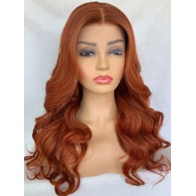 Half Price 50% Off-Vibrant Red Copper Long Wave Remy Human Hair 5x5 Lace Wig--BH12