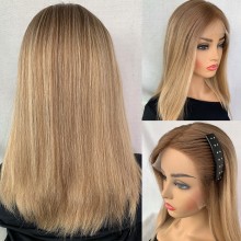 Blonde Highlights Straight European Human Hair invisible Lace Wig -YN12