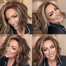 Brown Roots Highlights Wave Short Style Side Parting Human Hair 5x5 HD Lace Wig--BH17
