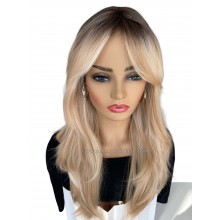 Synthetic Natural Hair Gradient Gold Ombre Mixed Blonde Long Straight Layered Wig with Bangs--LC259