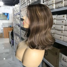 Brown Highlights Brunette Color Wave Bob b4/8 Human Hair 13x6 Lace Front Wig-bb48